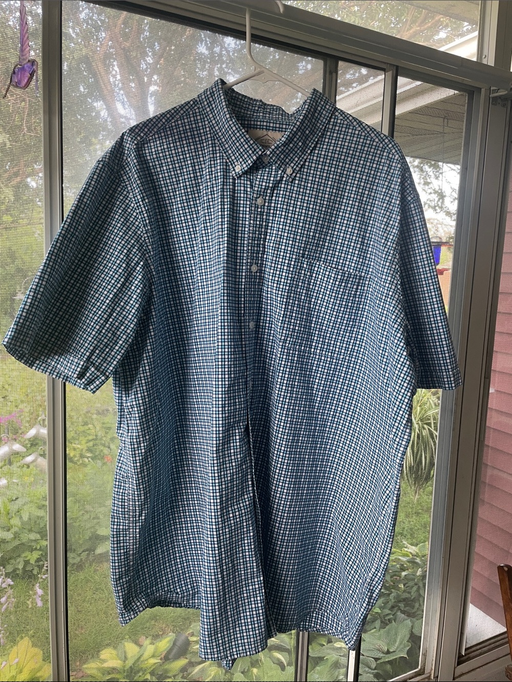 St. John's Bay Blue and White Micro-Check Short Sleeve Button-Down Shirt 2XLT